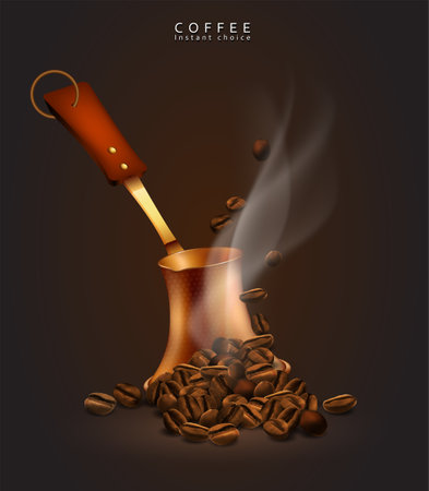 Coffee beans and a coffee pot with fragrant transparent smoke. High detailed realistic illustration.のイラスト素材