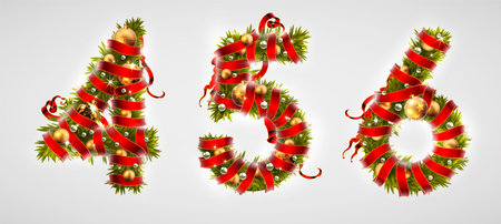christmas font. Three decorative christmas numbers from Christmas tree branches, decorated with a red ribbon and golden balls. Highly realistic illustration.のイラスト素材