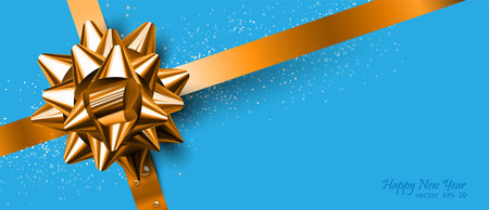 Christmas and New Year background with decorative gold ribbon and bow on a blue background. Highly realistic illustration.のイラスト素材