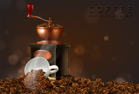 Retro style manual coffee grinder and cup with coffee beans. Highly realistic illustration.の写真素材