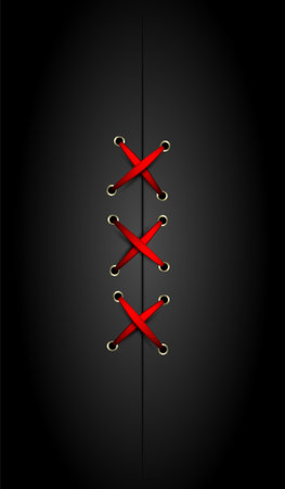 Fragment of clothes. Red ribbon lacing on a black background. Realistic illustration.のイラスト素材