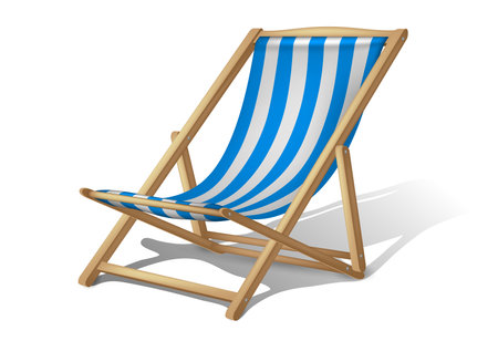 Wooden deck chair with blue and white striped fabric on a white background. Highly realistic illustration.のイラスト素材