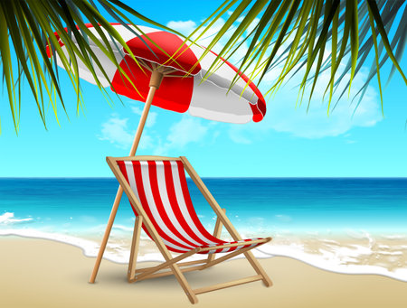 summer landscape. A red and white striped sun lounger and a beach umbrella on the shore, at the edge of the surf. Highly realistic illustration.の写真素材