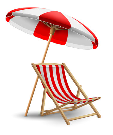 White and red striped sun lounger and beach umbrella on a white background. Highly realistic illustration.のイラスト素材