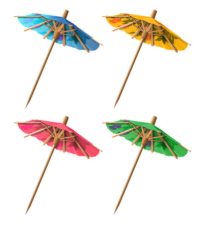 Set of four cocktail umbrellas of different colors on a white background. Highly realistic illustration.の写真素材