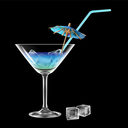 A transparent glass with a blue refreshing cocktail, decorated with a cocktail umbrella, straw and ice cubes, on a black background. Highly realistic illustration.のイラスト素材