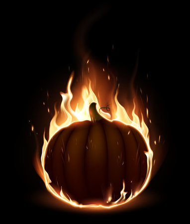 Halloween burning pumpkin on a black background. high detailed realistic illustrationのイラスト素材