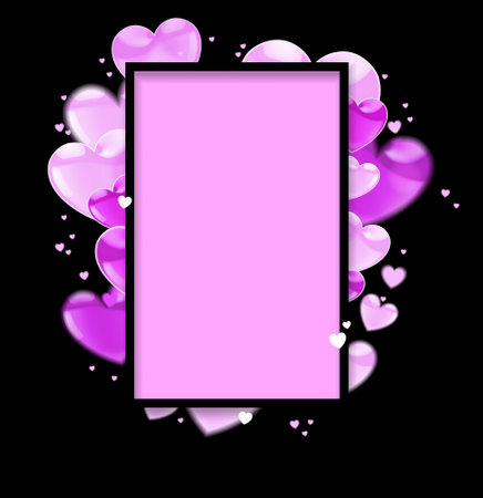 Vertically rectangular frame decorated with pink glossy hearts on a black background. Realistic illustration.のイラスト素材