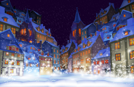 Christmas background. Fabulous snow-covered town in the Christmas night. Highly realistic illustration.のイラスト素材