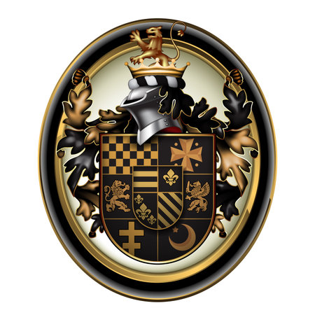 Heraldic shield decorated with a crown and helmet, richly ornamented, on a white background. High detailed realistic illustrationのイラスト素材