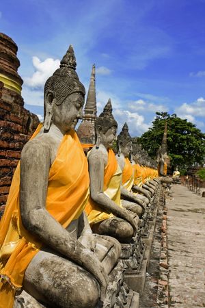 Aligned statues of Buddha in Ayutthaya, Thailandの写真素材