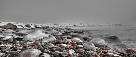 Winter landscape from a Norwegian fjordの写真素材