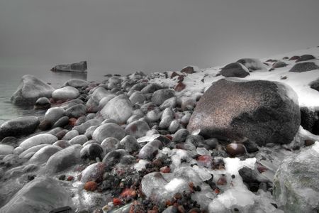 Winter landscape from a Norwegian fjordの写真素材