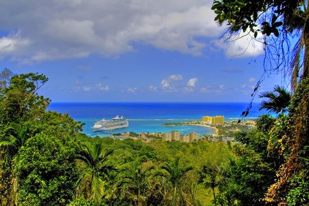 View over Ocho Rios port town, Jamaica, with anchored cruise linerの写真素材