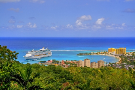 View over Ocho Rios port town, Jamaica, with anchored cruise linerの写真素材