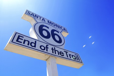 End of the trail sign in Santa Monica, route 66の写真素材