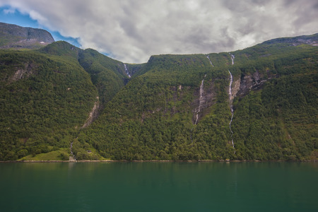 View over the fjord Geiranger fjord in Norwayの写真素材