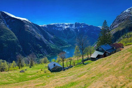 Kjeasen farm in the spring with view on Eidfjordの写真素材