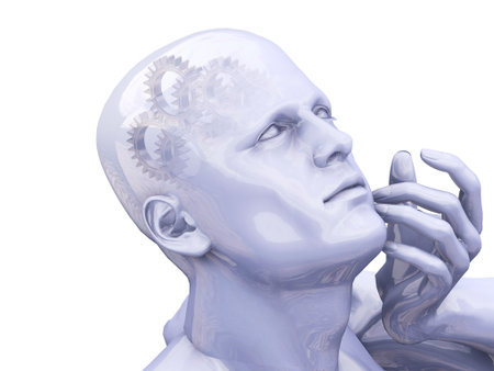 Man thinking with gears in head - 3D renderの写真素材