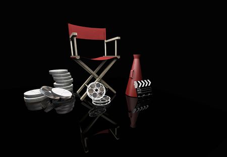 3D render of movie items on black backgroundの写真素材