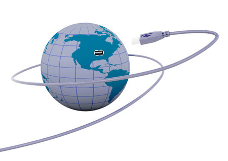 3D render of a USB cable connecting to a globe