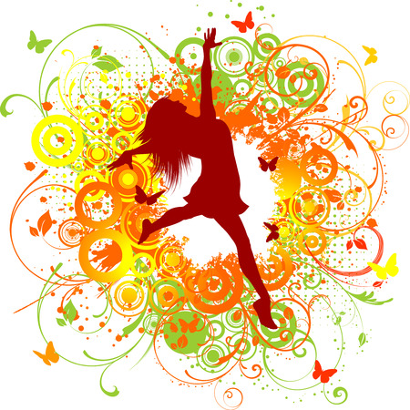 Silhouette of a happy female on a floral backgroundのイラスト素材