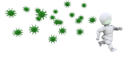 3d render of a man in mask surrounded by bacteriaの写真素材