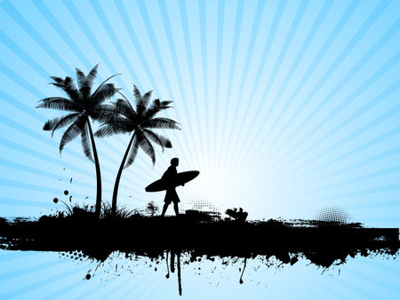 Silhouette of a surfer on a grunge palm tree backgroundのイラスト素材