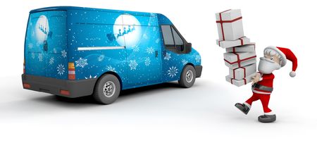 3D Render of a Christmas delivery van with Santa Clausの写真素材
