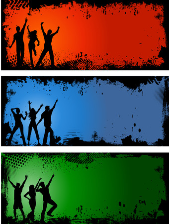 Silhouettes of people dancing on grunge style backgroundsのイラスト素材