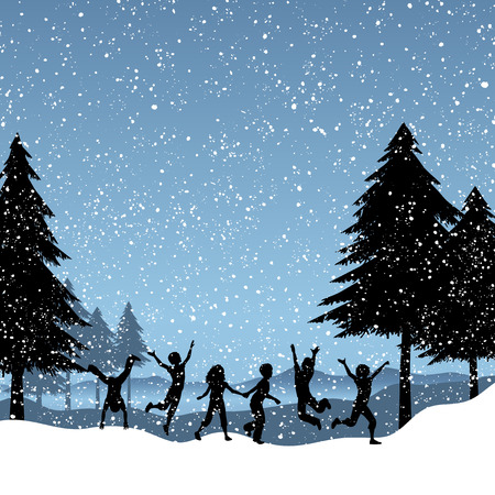 Silhouettes of children playing in the snowのイラスト素材