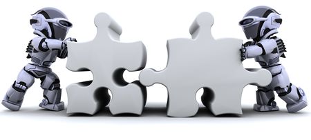3D render of a robot solving jigsaw puzzleの写真素材