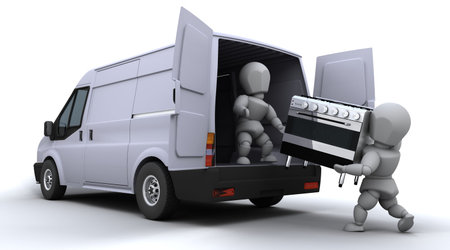 3D render of removal men loading a van