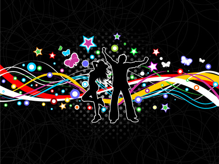 Silhouettes of people dancing on a colourful abstract backgroundのイラスト素材