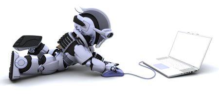 3D render of robot with a laptop and mouse 3D render of robot with a laptop and mouse