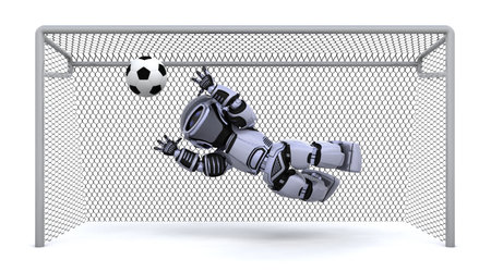 3D render of a robot playing soccerの写真素材