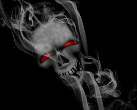 Halloween background with smoking skull with red eyes
