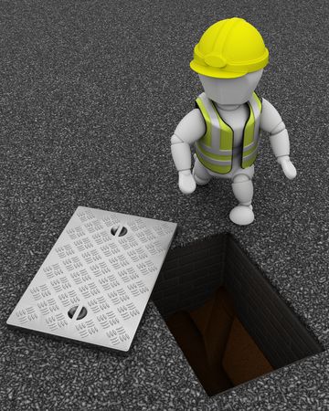 3D render of Builder inspecting drains through manhole coverの写真素材