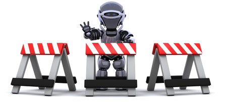 3D render of robot behind a barrierの写真素材