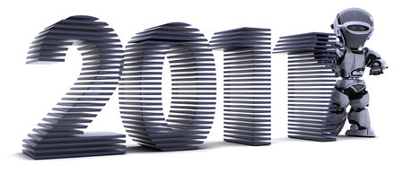 3D render of a Robot presenting 2011 for new yearの写真素材