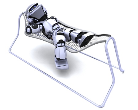 3D Render of a Robot Lying in a Hammockの写真素材