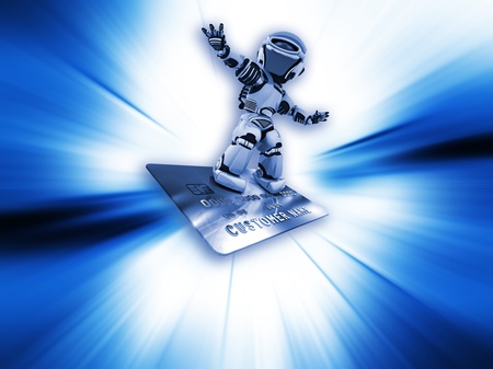 3D render of a robot on a credit card zooming out of the pageの写真素材