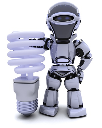 3D render of a robot with energy saving lightbulb 3D render of a robot with energy saving lightbulb