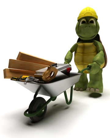 3D render of a tortoise Builder with a wheel barrow carrying toolsの写真素材