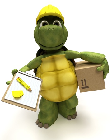 3D render of a tortoise builder receiving a parcelの写真素材