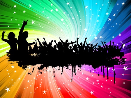 Silhouette of a grunge style crowd on a starburst backgroundのイラスト素材