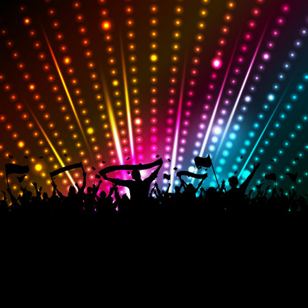 Silhouette of a crowd with banners and flags on a disco lights backgroundのイラスト素材