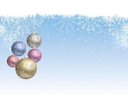Christmas background of falling snowflakes and hanging baublesのイラスト素材