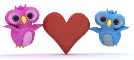 3D Render of cute bird characters holding a heartの写真素材