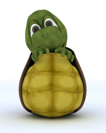 3D render of a Tortoise Caricature Hiding in Their Shellの写真素材